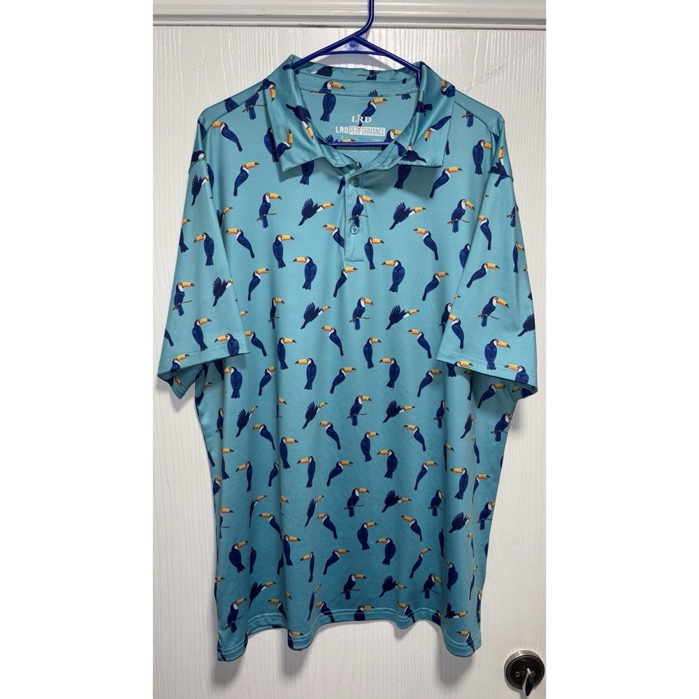 LRD Performance‎ Golf Polo Mens Size XL Blue Toucan All Over Print Stretch